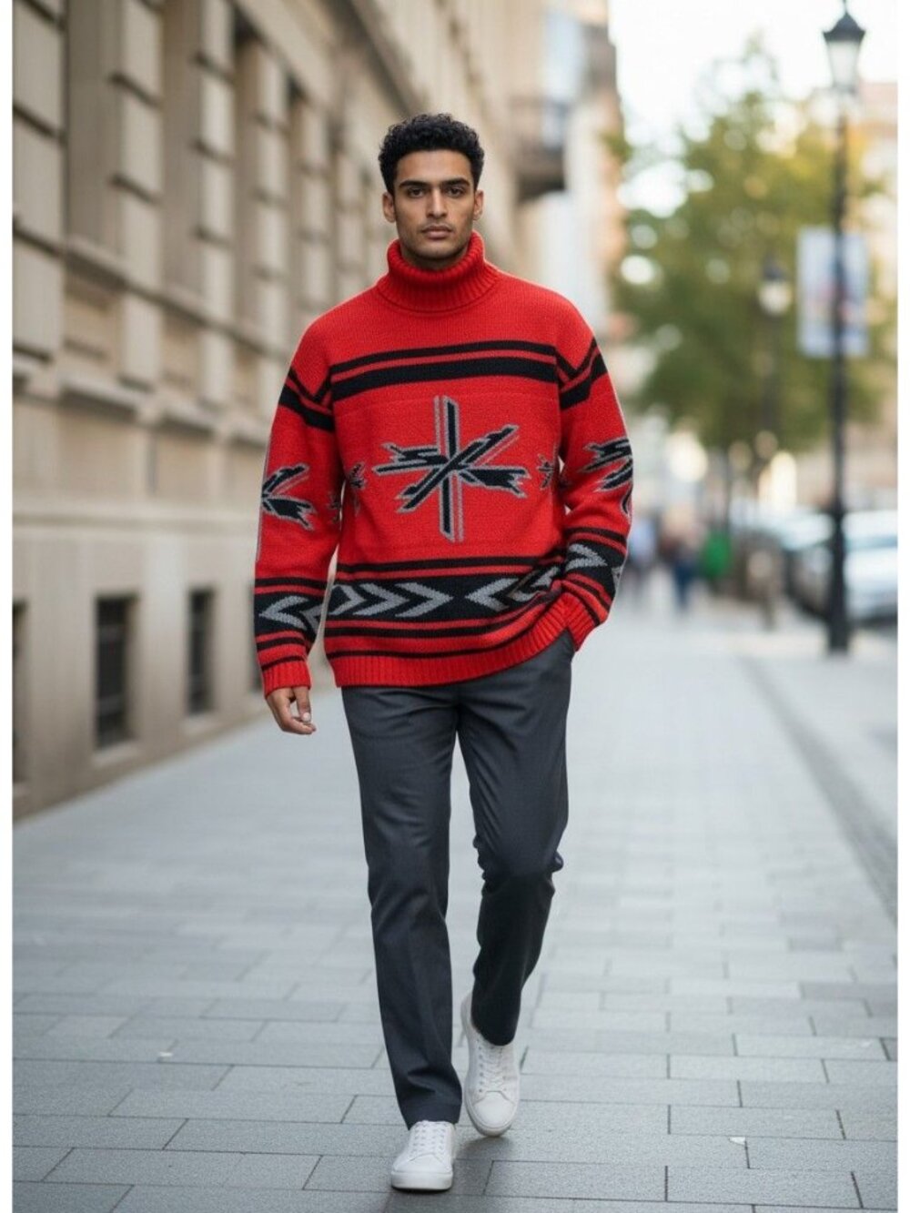Southpole Red Turtleneck Sweater Mens Black & Gray Geometric Pattern L Vintage